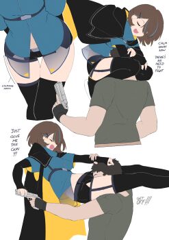 absurdres alice_gunlock black_thighhighs blue_jacket brown_hair closed_eyes fav_faris gun highres jacket midriff midriff_peek mixed-sex_combat original scissorhold short_hair shorts thighhighs thighs weapon