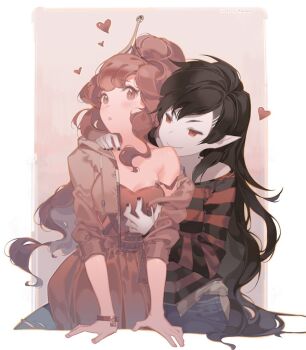 2girls adventure_time artist_name bite_mark black_hair black_nails blush colored_skin commentary english_commentary fang grabbing_another's_breast grey_skin groping heart jacket kawacy light_blush long_hair looking_at_viewer marceline_abadeer multiple_girls nail_polish off_shoulder pink_eyes pink_hair pink_nails pink_skin pointy_ears princess_bonnibel_bubblegum red_eyes shirt smile strap_slip striped_clothes striped_shirt tiara vampire very_long_hair wristband yuri