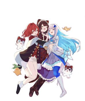 Rule 34 | 3girls, :d, ^ ^, ange katrina, ange katrina (1st costume), animal ears, ankle boots, armband, banken (inui toko), bare legs, bird, black boots, black coat, blue armband, blue hair, blue thighhighs, blunt bangs, blush, boots, brown boots, brown hair, brown kimono, brown tail, cardigan, closed eyes, coat, colored inner hair, commentary request, creature, dog ears, dog girl, dog tail, dress, fang, floating hair, flower, frilled skirt, frills, full body, grey skirt, group hug, group picture, hair between eyes, hair flower, hair intakes, hair ornament, hand on own chest, hand up, highres, hug, inui toko, inui toko (1st costume), jacket, japanese clothes, kimono, knee boots, knees together feet apart, lace-up boots, leg up, lize helesta, lize helesta (1st costume), long hair, long sidelocks, long sleeves, maid headdress, mandragora, mandragora (ange katrina), medium hair, medium skirt, miniskirt, monocle, multicolored hair, multiple girls, nijisanji, open mouth, pleated skirt, purple skirt, red cardigan, red hair, sanbaka (nijisanji), sebastian piyodore, short dress, sidelocks, simple background, siro966, skin fang, skirt, smile, standing, standing on one leg, streaked hair, tail, thighhighs, two-tone hair, very long hair, virtual youtuber, white background, white boots, white dress, white hair, white headdress, white jacket, yellow bird, zettai ryouiki