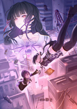 Rule 34 | 3girls, absurdres, bare shoulders, black boots, black choker, black dress, black hair, boots, breasts, chisa (wuthering waves), choker, chucky (chucky1000sun), collarbone, commentary request, dress, earrings, female rover (wuthering waves), hair ribbon, highres, holding another's wrist, jewelry, long hair, looking at another, looking at viewer, medium breasts, mole, mole under eye, multiple girls, parted lips, red eyes, red ribbon, ribbon, rover (wuthering waves), sailor collar, short hair, signature, sleeveless, sleeveless dress, sumika (wuthering waves), thigh boots, thighs, triangle earrings, white sailor collar, wuthering waves