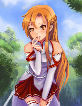 Rule 34 | 1girl, armor, asuna (sao), bare shoulders, belt, blue sky, braid, breastplate, breasts, cloud, cloudy sky, commentary, day, detached sleeves, dress, english commentary, eyelashes, forehead, grass, hair between eyes, half up braid, hand to own mouth, igor-esaulov, lambent light, leaning forward, long hair, long sleeves, looking at viewer, miniskirt, orange eyes, orange hair, outdoors, rapier, red skirt, short dress, sidelocks, skirt, skirt under dress, sky, small breasts, solo, sword, sword art online, thighhighs, tree, turtleneck, turtleneck dress, weapon, white armor, white belt, white dress, white sleeves, white thighhighs, zettai ryouiki