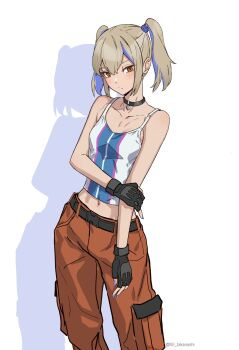1girl absurdres artist_name black_choker black_gloves blue_nails blush brown_eyes cargo_pants choker collarbone commentary_request crop_top drop_shadow fingerless_gloves gloves gundam gundam_hathaway's_flash hala_morley highres midriff nail_polish orange_pants pants simple_background solo takanashi_kei_(hitsujikan) twintails twitter_username white_background