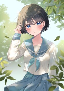 absurdres black_hair blue_eyes blue_neckerchief blue_sailor_collar blue_skirt blush branch day hand_up highres long_sleeves looking_at_viewer neckerchief original outdoors pleated_skirt sailor_collar sailor_shirt school_uniform serafuku shirt shirushi_aoi short_hair skirt upper_body white_shirt