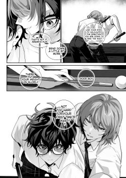 2boys absurdres akechi_gorou amamiya_ren ball billiard_ball billiards cue_stick fsmaichobpeg0 glasses hand_on_another&#039;s_hand highres holding holding_cue_stick male_focus multiple_boys persona persona_5 persona_5_the_royal pool_table school_uniform shuujin_academy_school_uniform table yaoi