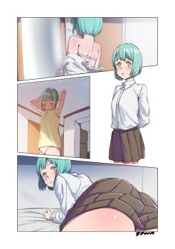 1girl artist_name before_and_after blue_hair blush bra by_spoon comic comic_strip demi-chan_wa_kataritai female_focus highres indoors kusakabe_yuki_(demi-chan_wa_kataritai) lying on_stomach original panties school_uniform sequential short_hair solo standing text_focus thighs underwear undressing white_panties yellow_eyes yuki_onna