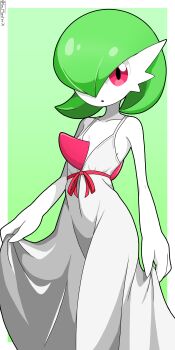 1girl arms_at_sides artist_name bare_shoulders bob_cut border clothed_pokemon collarbone colored_skin dress female_focus flat_chest gardevoir gen_3_pokemon green_background green_hair grey_dress hair_over_one_eye long_dress looking_at_viewer masterx nintendo one_eye_covered open_mouth outside_border pokemon pokemon_(creature) red_eyes red_ribbon ribbon short_hair signature simple_background sleeveless sleeveless_dress solo spaghetti_strap standing twitter_username white_border white_skin