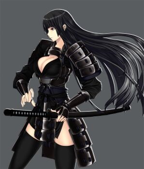 1girl armor black_eyes black_hair black_thighhighs blunt_bangs breasts cleavage closed_mouth commentary_request cowboy_shot grey_background holding holding_sword holding_weapon japanese_armor katana kote kusazuri long_hair looking_to_the_side medium_breasts original sheath sheathed shoulder_armor simadu-kazuhisa simple_background sode solo standing sword thighhighs very_long_hair weapon