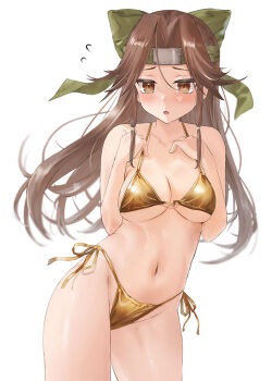 Rule 34 | 1girl, alternate costume, bikini, blush, breasts, brown eyes, brown hair, cleavage, commentary request, cowboy shot, flying sweatdrops, forehead protector, gold bikini, green headband, hachimaki, hair intakes, half updo, headband, jintsuu (kancolle), kantai collection, long hair, looking at viewer, medium breasts, navel, open mouth, shiny swimsuit, solo, stomach, swimsuit, toka (marchlizard)