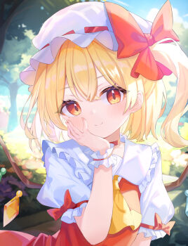 1girl ascot blonde_hair bow choker crystal_wings flandre_scarlet frilled_shirt_collar frilled_sleeves frilled_wristband frills hair_bow hand_on_own_face hat highres looking_at_viewer mob_cap one_side_up outdoors puffy_short_sleeves puffy_sleeves red_bow red_choker red_eyes red_shirt shirt short_sleeves smile solo touhou upper_body wings yatani_row yellow_ascot
