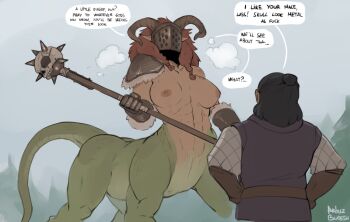 1boy 1girl abs arbuz_budesh armor artist_name black_hair blue_robe braid breasts brown_gloves brown_hair centauroid clothed_male_nude_female commentary covered_face curled_horns dark-skinned_female dark_skin dragon_girl dragon_horns dragon_tail dwarf english_commentary english_text from_behind functionally_nude gloves hair_bun hands_on_own_hips helmet holding holding_weapon horns large_breasts long_hair medium_hair navel nipples nude original outdoors pauldrons pointy_ears profanity robe shoulder_armor single_hair_bun single_pauldron skull speech_bubble standing steam stomach tail taur topless_female twin_braids weapon