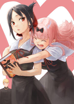 1boy 2girls :o aiueonesan_(umanaminoatama) black_bow black_hair blonde_hair blunt_bangs blush book bow closed_mouth dress fujiwara_chika hair_bow hair_ribbon highres holding holding_book hug hug_from_behind kaguya-sama_wa_kokurasetai_~tensai-tachi_no_renai_zunousen~ long_hair looking_at_another lower_teeth_only multiple_girls open_mouth pinafore_dress pink_hair red_eyes ribbon school_uniform shinomiya_kaguya shirogane_miyuki shirt short_hair short_sleeves shuuchiin_academy_school_uniform sleeveless sleeveless_dress teeth white_shirt yuri