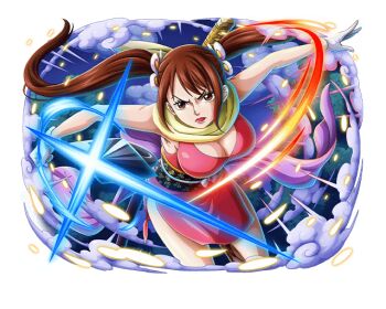 1girl breasts brown_hair cleavage commentary english_commentary japanese_clothes kimono large_breasts looking_at_viewer ninja obi official_art one_piece one_piece_treasure_cruise open_mouth pink_kimono sandals sash scarf shinobu_(one_piece) solo twintails v-shaped_eyebrows weapon weapon_on_back yellow_scarf