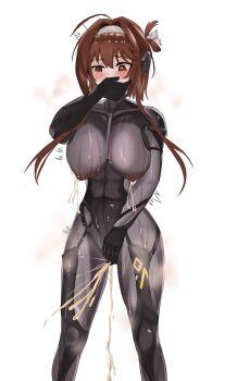 1girl alternate_costume black_bodysuit bodysuit brown_eyes brown_hair commentary_request covered_erect_nipples covered_navel douhao_(cmza8875) female_masturbation fingering fingering_through_clothes girls'_frontline grey_bodysuit grey_hairband hair_between_eyes hairband hand_on_own_face highres leotard long_hair looking_at_viewer masturbation multicolored_bodysuit peeing peeing_self simple_background solo thighs through_clothes two-tone_bodysuit type_79_(girls'_frontline) white_background