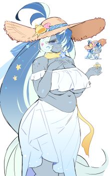 1girl bare_shoulders bikini blue_eyes blue_flower blue_hair blue_whale_cookie blue_whale_cookie_(sweet_summer_dreams) blush_stickers bracelet breasts brown_hat bubble cleavage closed_mouth colored_inner_hair colored_skin cookie_run cookie_run:_ovenbreak feet_out_of_frame flower frilled_bikini frills grey_skin hair_ornament hair_over_one_eye hand_on_own_chest hat highres holding holding_pacifier humanization jewelry large_breasts large_hat long_hair looking_at_viewer multicolored_hair nail_polish navel official_alternate_costume official_alternate_hair_color official_alternate_hairstyle official_art_inset ohta_guk_hip one_eye_covered pacifier plump protected_link reference_inset sarong seashell shell simple_background single_blush_sticker smile solo standing star_(symbol) star_hair_ornament streaked_hair sun_hat swimsuit two-tone_hair very_long_hair white_background white_bikini white_hair white_nails white_sarong