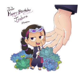 1boy aloe_(plant) black_necktie braid character_name chibi commentary_request earrings eyewear_on_head facial_hair foxvulpine fu_manchu_(mustache) happy_birthday jabra_(one_piece) jacket jewelry long_mustache male_focus mustache necktie one_piece open_clothes open_jacket open_mouth plant potted_plant scar scar_across_eye scar_on_face sharp_teeth simple_background solo_focus teeth white_background