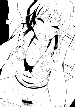 1boy 1girl absurdres amane_suzuha bar_censor black_tank_top blood blush bottomless braid breasts censored clevavage closed_eyes couple defloration female_pubic_hair flying_sweatdrops greyscale hetero highres ikeda_yasuhiro jacket long_hair male_pubic_hair medium_breasts monochrome official_artist_extra okabe_rintarou open_clothes open_jacket open_mouth partially_unzipped pov pubic_hair science_adventure sex solo_focus steins;gate sweat tank_top twin_braids vaginal