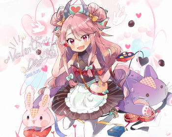 1girl :d apron armband bare_shoulders blush box brown_dress commentary_request cowboy_shot dated double_bun dress frilled_apron frills hair_between_eyes hair_bun heart-shaped_box holding holding_box legs_up long_hair looking_at_viewer open_mouth original pantyhose parted_bangs pink_eyes pink_hair rabbit sleeveless sleeveless_dress smile solo striped_clothes striped_dress tsunoju valentine vertical-striped_clothes vertical-striped_dress waist_apron white_apron white_pantyhose