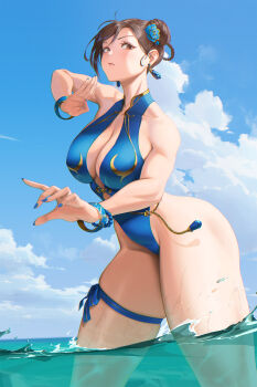 1girl bare_legs blue_nails blue_one-piece_swimsuit blue_sky breasts brown_eyes brown_hair capcom casual_one-piece_swimsuit chun-li cleavage cloud day double_bun earrings fighting_stance hair_bun highleg highleg_one-piece_swimsuit highres jewelry large_breasts nail_polish nze7en official_alternate_costume one-piece_swimsuit outdoors serious sky solo standing street_fighter street_fighter_6 swimsuit tall_female thick_thighs thighs wading water
