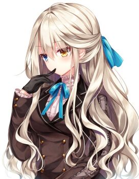 Rule 34 | 1girl, black gloves, blazer, blue eyes, blue ribbon, breasts, brown hair, brown jacket, buttons, commentary request, double-breasted, female focus, finger to mouth, frills, gloves, hair between eyes, hair ribbon, jacket, long hair, long sleeves, looking away, luca (nogi takayoshi), medium breasts, neck ribbon, nogi takayoshi, orange eyes, original, ribbon, shirt, sidelocks, simple background, solo, undershirt, upper body, wavy hair, white background, white shirt, wing collar