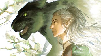 1girl animal artist_name baldur's_gate baldur's_gate_3 black_panther braid branch dungeons_&amp;_dragons dungeons_&amp;_dragons elf from_side green_eyes highres jaheira long_hair looking_ahead mature_female merianaka multiple_braids panther pointy_ears portrait procreate_(medium) profile signature white_hair