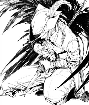 1girl bloodborne braid cape coat commentary_request fromsoftware full_body greyscale hat hat_feather holding holding_weapon hunter_(bloodborne) impaled kneeling lineart long_hair megasus monochrome simple_background solo tricorne weapon white_background