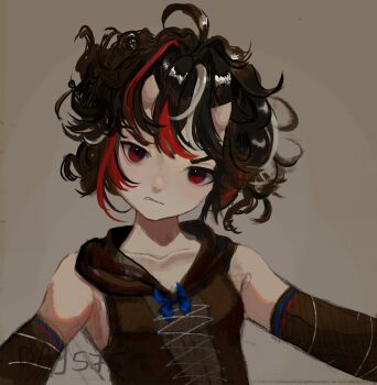 ahoge alternate_costume annoyed bare_shoulders black_hair blue_bow blue_bowtie bow bowtie brown_background brown_shirt brown_sleeves clenched_teeth collarbone cross-laced_clothes cross-laced_top detached_sleeves hashtag-only_commentary hatsburg highres hood hood_down hooded_shirt horns kijin_seija light_blush long_sleeves looking_at_viewer messy_hair multicolored_hair realistic red_eyes shirt signature simple_background skin-covered_horns sleeveless sleeveless_shirt small_horns streaked_hair striped_sleeves teeth thick_eyebrows touhou v-shaped_eyebrows