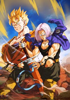2boys aura blonde_hair blue_eyes dragon_ball green_eyes highres long_hair looking_at_viewer master_and_apprentice master_and_pupil multiple_boys muscular muscular_male purple_hair scar scar_on_face scratches serious son_gohan son_gohan_(future) spiked_hair super_saiyan sword torn_clothes trunks_(dragon_ball) trunks_(future)_(dragon_ball) watch weapon