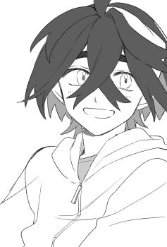 1boy commentary_request crossed_bangs hair_between_eyes hairband highres hood hooded_jacket jacket kieran_(pokemon) looking_at_viewer mole mole_on_neck monochrome naruse_makoto nintendo pokemon pokemon_sv short_hair sketch smile solo zipper_pull_tab