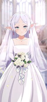 1girl absurdres alternate_costume bouquet bridal_veil capelet church closed_mouth collarbone commentary_request dress elf expressionless flower frieren green_eyes highres holding holding_bouquet indoors lens_flare long_hair long_sleeves looking_at_viewer na-suke parted_bangs pointy_ears revision solo sousou_no_frieren standing veil wedding_dress white_capelet white_dress white_hair