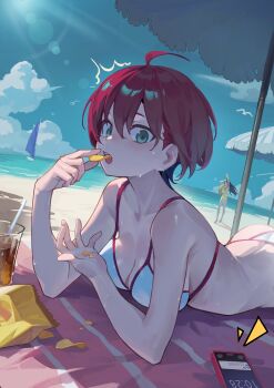 2girls ^^^ absurdres ahoge amate_yuzuriha aqua_eyes aqua_hair bag_of_chips beach beach_towel bikini blue_sky breast_press breasts cellphone chips_(food) cleavage commentary crumbs cup drink drinking_glass eating food gundam gundam_gquuuuuux highres large_breasts looking_at_viewer lying mr.person multicolored_hair multiple_girls nyaan_(gundam_gquuuuuux) on_stomach open_mouth phone potato_chips red_hair shade short_hair sky smartphone solo_focus sweat sweatdrop swimsuit towel two-tone_hair white_bikini