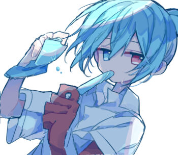 1boy blue_eyes blue_hair collared_shirt commentary_request double-parted_bangs eating elbow_gloves food futaba969649 gloves hair_between_eyes heterochromia holding holding_food holding_popsicle male_focus popsicle puyopuyo red_eyes red_gloves shirt short_hair short_sleeves sig_(puyopuyo) simple_background single_glove solo upper_body white_background white_shirt