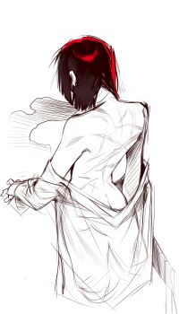 1girl black_hair bob_cut commentary from_behind greyscale hai000_0 highres katana limbus_company long_sleeves monochrome partially_colored project_moon ryoshu_(project_moon) scar scar_on_back simple_background smoke solo sword symbol-only_commentary weapon white_background