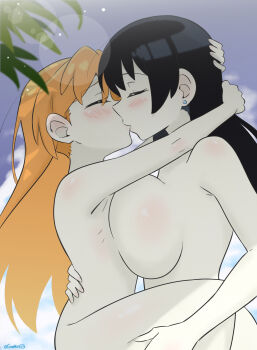 2girls absurdres age_difference arato_nagi asymmetrical_docking black_hair blonde_hair blue_sky blush breast_press breasts closed_eyes cloud day earrings garethue8 height_difference highres hug jewelry kiss large_breasts leaf lens_flare long_hair multiple_girls nude outdoors ribs ruri_no_houseki sky sunlight tanigawa_ruri yuri