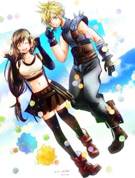 Rule 34 | 1boy, 1girl, armor, artist name, baggy pants, black gloves, black hair, black skirt, black thighhighs, blonde hair, blue eyes, blue sweater, boots, breasts, brown hair, candy, closed eyes, cloud strife, collarbone, commentary request, crop top, earrings, elbow gloves, final fantasy, final fantasy vii, final fantasy vii remake, fingerless gloves, food, full body, gloves, highres, holding, holding candy, holding food, jewelry, long hair, low-tied long hair, medium breasts, midriff, navel, open mouth, pants, parted lips, red boots, runa (ren rainfall), short hair, shoulder armor, skirt, sleeveless, sleeveless turtleneck, smile, spiked hair, suspender skirt, suspenders, sweater, tank top, thighhighs, tifa lockhart, turtleneck, turtleneck sweater, twitter username, white tank top, zettai ryouiki