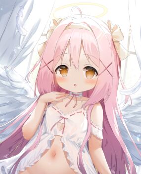 1girl :o ahoge babydoll bare_shoulders blush bow breasts brown_bow brown_eyes brown_hairband clothing_cutout commentary_request curtains day feathered_wings feathers hair_between_eyes hair_bow hair_intakes hair_ornament hairband hairclip halo hand_up heart_cutout highres indoors loli long_hair looking_at_viewer navel original parted_lips pink_hair siera_(sieracitrus) simple_background small_breasts solo sunlight very_long_hair white_background white_feathers white_wings window wings x_hair_ornament