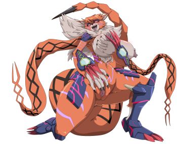 +_+ 10s 1girl armor armored_boots blue_eyes boots breasts claws clothes_in_mouth digimon digimon_adventure_tri. fingering fur_collar furry grabbing_another's_breast groping highres large_breasts mainkore mankor meicrackmon_vicious_mode mouth_hold neon_trim nipple_slip nipples sharp_nails shirt_in_mouth snout tail