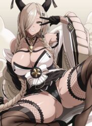 Rule 34 | 1girl, asymmetrical bangs, azur lane, braid, breasts, cameltoe, cleft of venus, commentary, fishnets, gloves, grin, hair ornament, hair over one eye, hairclip, horns, large breasts, light brown hair, long bangs, long hair, looking at viewer, makiri akira, miniskirt, mole, mole under mouth, owari (azur lane), panties, simple background, skirt, smile, solo, spread legs, thick thighs, thighhighs, thighs, thong, underwear, v, very long hair