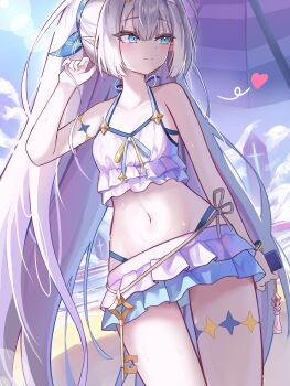 1girl absurdres beach bikini bikini_skirt blue_bikini blue_eyes blue_ribbon breasts cellphone chess_piece cleavage closed_mouth commentary dutch_angle extra_pupils female_tyrant_(stella_sora) female_tyrant_(swimsuit)_(stella_sora) grey_hair hair_ribbon hamu_(hvmzld123) heart high_ponytail highres holding holding_phone key long_hair looking_to_the_side monolith_(object) navel ocean phone pointy_ears ponytail ribbon sand small_breasts smartphone smile solo standing stella_sora stomach sweat swimsuit thigh_gap tyrant_(stella_sora) very_long_hair water white_bikini wristband