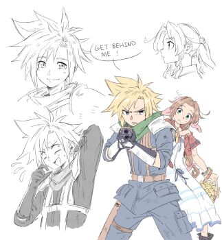 Rule 34 | 1boy, 1girl, aerith gainsborough, aiming, aiming at viewer, alternate universe, arm behind head, armor, bangle, basket, bervens12, black gloves, blonde hair, blue eyes, blue pants, blue shirt, bow, bracelet, braid, braided ponytail, brown hair, cloud strife, cowboy shot, crisis core: final fantasy vii, dress, dress bow, english text, final fantasy, final fantasy vii, floral background, flower, flying sweatdrops, furrowed brow, gloves, green eyes, green scarf, gun, hair ribbon, highres, holding, holding basket, holding gun, holding weapon, jacket, jewelry, light smile, lily (flower), long dress, long hair, looking at another, multiple views, nervous sweating, pants, parted bangs, parted lips, pink ribbon, protecting, red jacket, ribbon, scarf, shinra infantry uniform, shirt, short hair, shoulder armor, sidelocks, single braid, speech bubble, spiked hair, striped clothes, striped dress, suspenders, sweat, sweatdrop, weapon, yellow flower