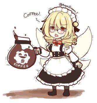 1girl apron black_footwear blonde_hair chestnut_mouth coffee coffee_pot diamon_arga dress drill_hair english_text fairy fairy_wings gen_1_pokemon koffing long_hair long_sleeves luna_child maid_apron maid_headdress nintendo pokemon ribbon touhou trembling twitter_username wings