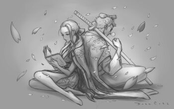 Rule 34 | 1boy, 1girl, 2023, artist name, book, chonmage, commentary, darkcore2943, english commentary, falling petals, full body, greyscale, haori, haori on shoulders, holding, holding book, japanese clothes, monochrome, nico robin, nico robin (onigashima), official alternate costume, official alternate hairstyle, one piece, petals, ponytail, roronoa zoro, side slit, signature, sitting, squeans, sword, topknot, weapon, yokozuwari