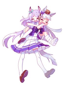 2girls absurdres animal_ears arms_around_neck blunt_bangs bow bowtie broken_leg carrying cast commentary ear_bow english_commentary full_body gold_ship_(umamusume) grey_hair hat highres horse_ears horse_girl horse_tail kitnoko long_hair mejiro_mcqueen_(umamusume) multiple_girls open_mouth piggyback pleated_skirt purple_hair school_uniform short_sleeves skirt smile tail thighhighs tracen_school_uniform umamusume very_long_hair