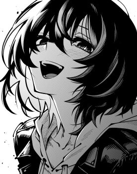 1girl :d collarbone commentary dryegen greyscale hair_between_eyes highres looking_at_viewer monochrome open_mouth original short_hair simple_background smile solo teeth upper_body white_background
