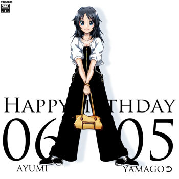 1girl artist_logo bag birthday black_overalls black_shoes blue_eyes blue_hair bracelet casual character_name closed_mouth commentary dated english_text freckles full_body girls_und_panzer handbag happy_birthday holding holding_bag jacket jewelry legs_apart logo long_hair looking_at_viewer nishi_itsumi open_clothes open_jacket overalls shadow shoes short_sleeves smile solo standing text_background white_background white_jacket yamagou_ayumi