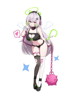1girl absurdres asymmetrical_legwear ball_and_chain_(weapon) bare_shoulders beatrixa_(stella_sora) black_bra black_choker black_headdress black_panties black_thighhighs blush bow bow_bra bra breasts cat_ear_panties choker cleavage cleavage_cutout clothing_cutout collarbone commentary_request crossed_bangs detached_wings drawn_ears drawn_halo drawn_tail drawn_whiskers frilled_anklet frilled_choker frilled_wrist_cuffs frills full_body green_halo grey_hair hair_between_eyes hair_ornament hair_ribbon halo heart heart_cutout highres holding holding_weapon koy_(4767269) large_breasts legs long_hair looking_at_viewer mini_wings mismatched_legwear navel open_mouth panties pink_eyes pink_ribbon platform_heels ribbon solo spiked_ball_and_chain spoken_heart standing star_(symbol) stella_sora stomach thigh_bow thigh_strap thighhighs thighs torn_clothes torn_thighhighs two_side_up underwear very_long_hair weapon white_thighhighs white_wrist_cuffs wings wrist_cuffs x_hair_ornament