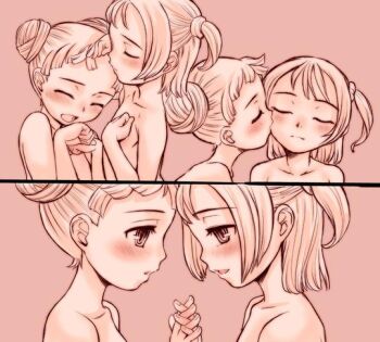 2girls blush closed_eyes double_bun face-to-face female_focus flat_chest hair_bun happy harukaze_doremi interlocked_fingers kiss kissing_cheek kissing_forehead loli monochrome multiple_girls naoki_(shibu_asa_ryo) nude ojamajo_doremi open_mouth segawa_onpu sequential two_side_up yuri