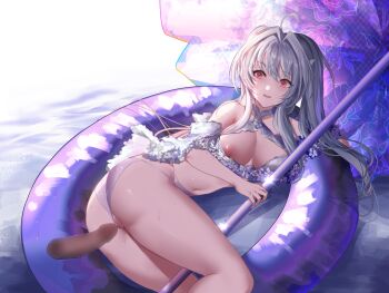 Rule 34 | 1girl, absurdres, ahoge, bikini, blush, breasts, censored, commentary, disembodied penis, dr unk2020, fate/grand order, fate (series), highres, holding, holding umbrella, innertube, lady avalon (fate), lady avalon (second ascension) (fate), long hair, looking at viewer, merlin (fate/prototype), mosaic censoring, penis, smile, solo, swim ring, swimsuit, symbol-only commentary, umbrella, very long hair, white hair