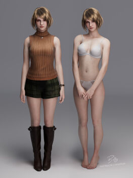 1girl 3d ashley_graham barefoot billyhhyb black_boots boots bra breasts brown_hair brown_sweater closed_mouth commentary full_body grey_background highres jewelry lips looking_at_viewer medium_breasts multiple_views navel necklace panties resident_evil resident_evil_4 short_hair shorts signature simple_background sleeveless sleeveless_turtleneck stomach sweater toes turtleneck turtleneck_sweater underwear underwear_only white_bra white_panties