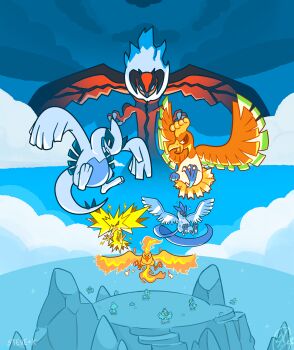 Rule 34 | animal focus, articuno, artist name, bird, blue sky, closed mouth, cloud, commentary, dated, ducklett, english commentary, fiery tail, fiery wings, fire, flying, gen 1 pokemon, gen 2 pokemon, gen 5 pokemon, gen 6 pokemon, highres, ho-oh, legendary pokemon, lightning bolt symbol, lugia, moltres, nintendo, no humans, open mouth, outdoors, pokemon, pokemon (creature), pokemon focus, signature, sky, stevedoodled, tail, wings, yveltal, zapdos