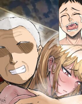 1girl 2boys absurdres blonde_hair blush breasts closed_eyes crying ear_piercing gojou&#039;s_imaginary_technique gojou_kaoru gojou_wakana grabbing_another&#039;s_breast grandfather_and_grandson groping gyaru highres implied_sex kazuya_crying_(meme) kitagawa_marin large_breasts long_hair multiple_boys netorare older_male_and_younger_female open_mouth piercing red_eyes sex sidelocks smile sono_bisque_doll_wa_koi_wo_suru syyn_(syyndev) teeth white_hair